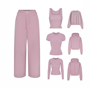 卡戴珊SKIMS粉紫系列连帽卫衣螺纹长袖短袖背心抓绒卫衣外套裤