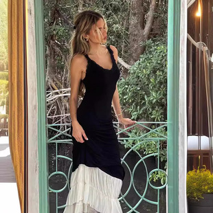 IAMUBABA法式茶歇气质花边吊带连衣裙设计感黑白撞色拼接长裙春夏