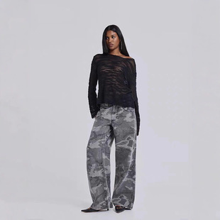 男女同款 复古做旧迷彩低腰宽松阔腿牛仔长裤 LONDON JADED