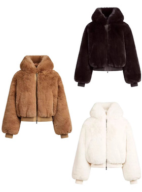 SKIMS 25冬季新款女连帽仿皮草保暖好穿毛绒环保皮草拉链夹克