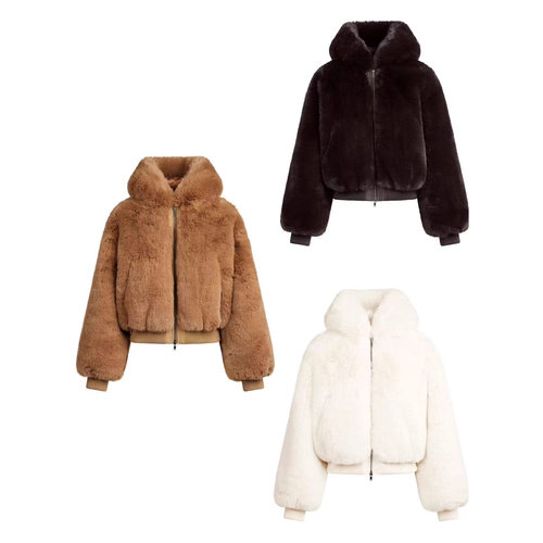 SKIMS 25冬季新款女连帽仿皮草保暖好穿毛绒环保皮草拉链夹克