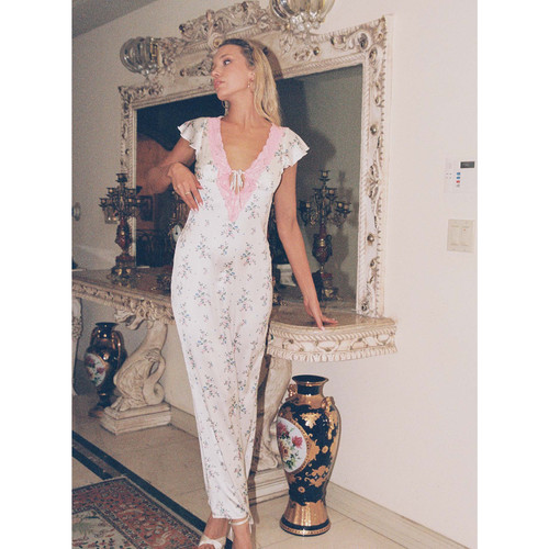 IAMUBABA Princess Polly度假风碎花蕾丝边柔光缎面天使翼连衣裙