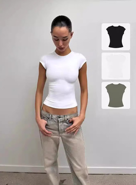 现货tankair辣妹亲肤裸感弹力紧身健身正肩小飞袖T恤运动速干上衣