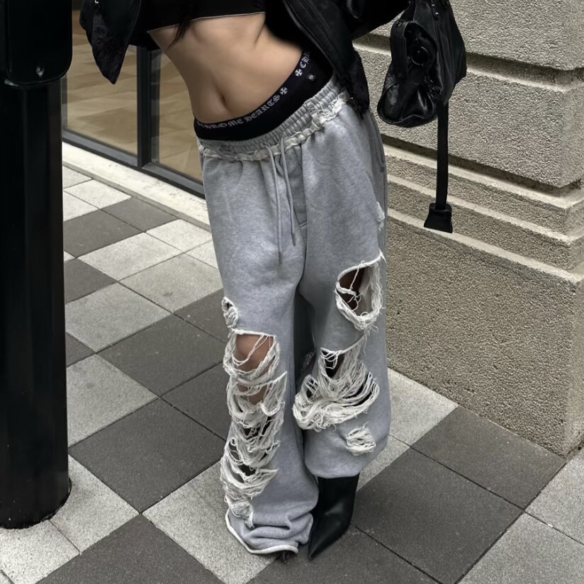 IAMUBABA欧美jaded london潮牌休闲裤街头嘻哈破洞阔腿卫裤长裤