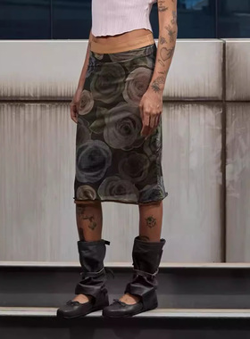 IAMUBABA OPEN YY品复古玫瑰花印花修身网纱半身裙包臀短裙openyy