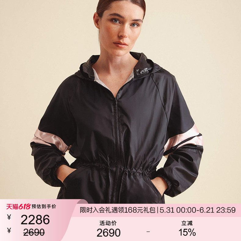 REPETTO丽派朵 女士春季黑色轻薄拉链收腰风衣连帽外套