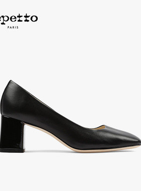 REPETTO丽派朵 女士黑色职场都市羊皮真皮皮底方头女士单鞋高跟鞋