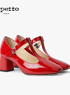 【独家惊喜盒】REPETTO丽派朵 TARA牛皮T字带方头高跟玛丽珍鞋