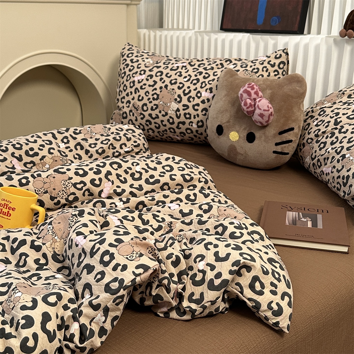 無绵丨卡通豹纹猫咪水洗棉四件套