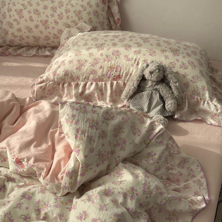 韩系少女粉色田园公主风花边床裙水洗棉四件套床单学生三件套床笠