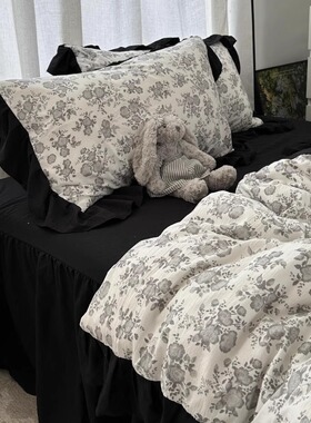 ins少女复古赫本风黑色花边水洗棉床上四件套床裙款三件套床笠2m