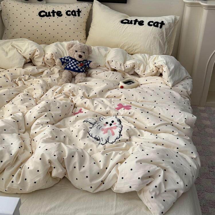 ins温柔奶油少女波点猫咪毛巾绣水洗棉四件套床单学生宿舍三件套