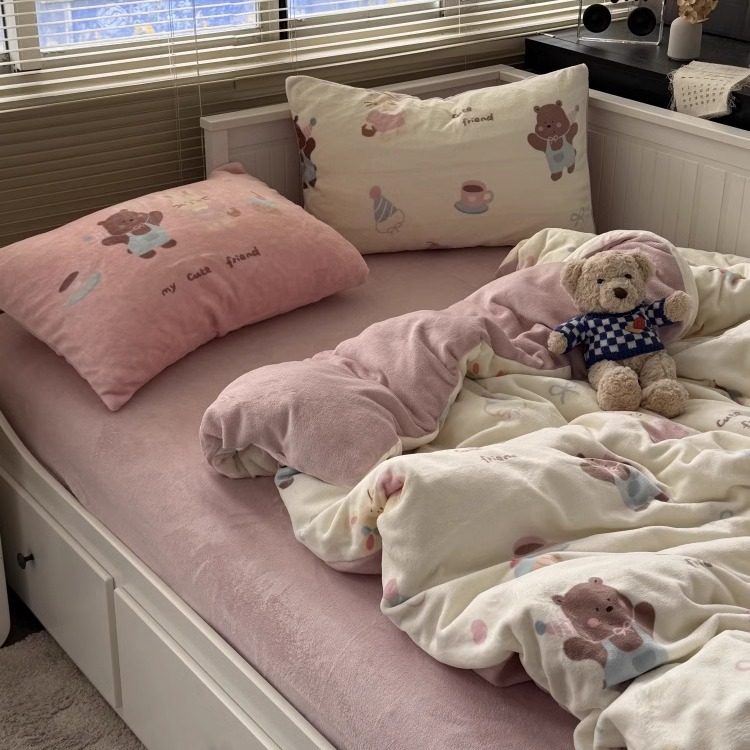 韩系少女小兔牛奶绒冬季四件套