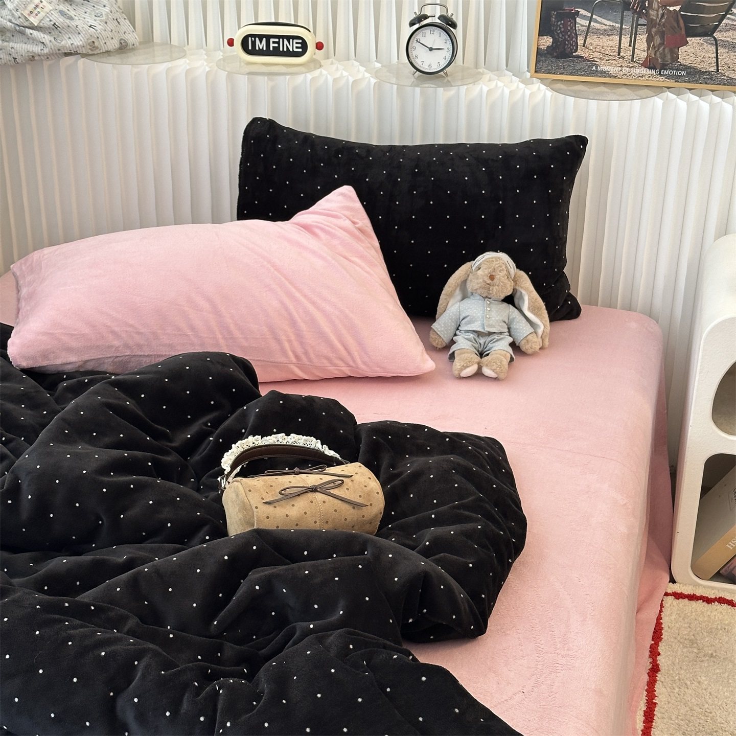 ins少女心甜酷黑粉波点牛奶绒四件套冬天珊瑚绒法莱绒三件套床笠,床上用品,床品套件/四件套/多件套,淘宝优惠券,粉丝福利购,淘宝优惠卷