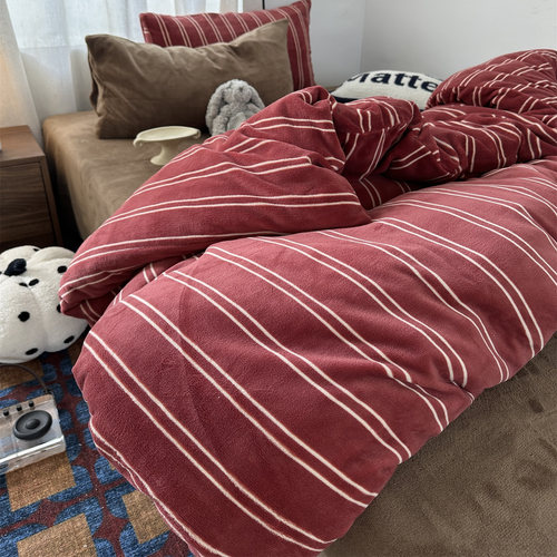 無绵丨复古红条纹牛奶绒四件套