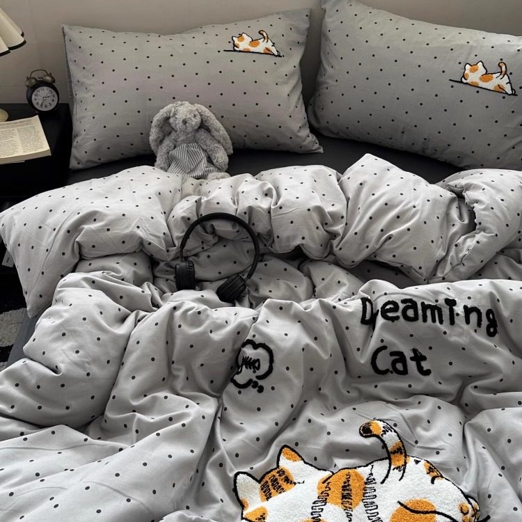 可爱猫咪ins简约波点毛巾绣水洗棉四件套床单纯色被套三件套床笠