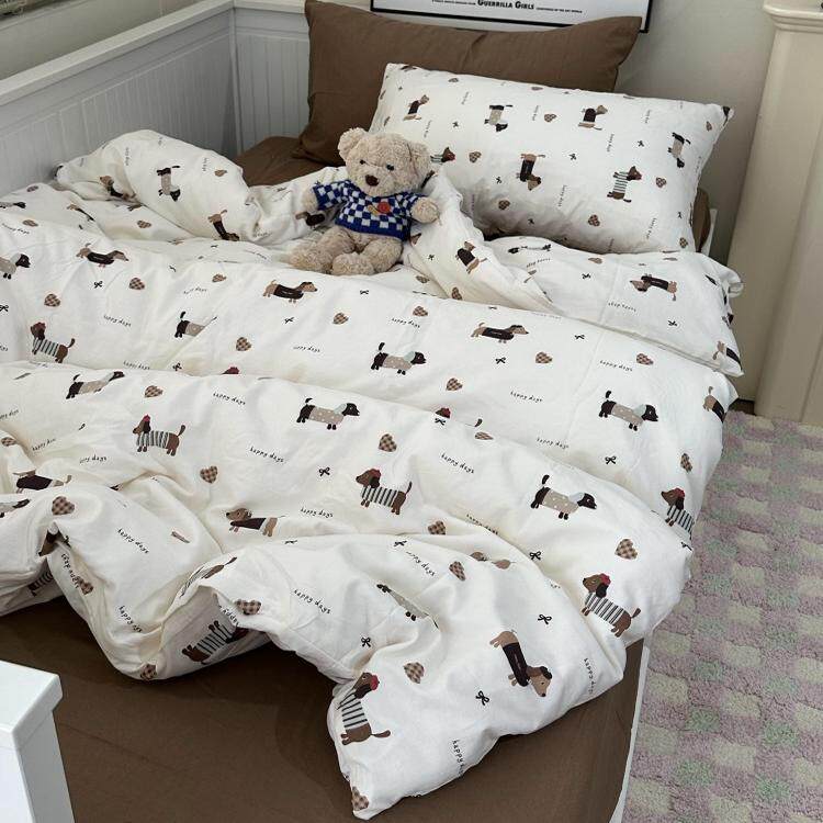 卡通ins少女心可爱小狗水洗棉四件套床单纯色被套学生宿舍三件套