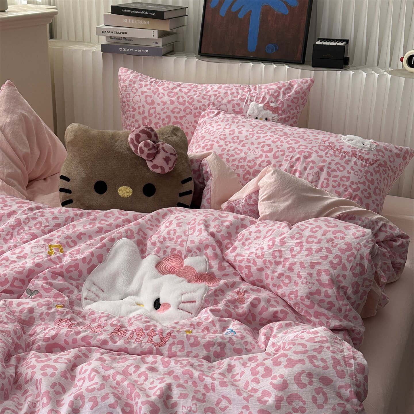 無绵丨粉色少女立体贴布绣四件套