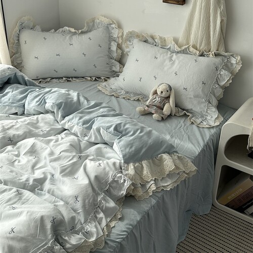 韩系ins少女心蝴蝶结双层花边针织水洗棉四件套床上用品三件套1.8 - 封面