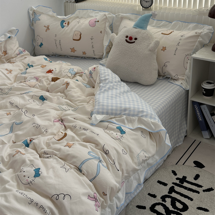 元气少女卡通猫咪水洗棉四件套