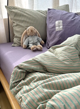 ins多巴胺混搭中古风条纹水洗棉四件套床单学生宿舍三件套床笠