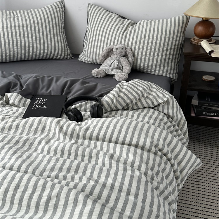 日式简约ins灰色条纹泡泡纱水洗棉四件套床单学生宿舍三件套床笠