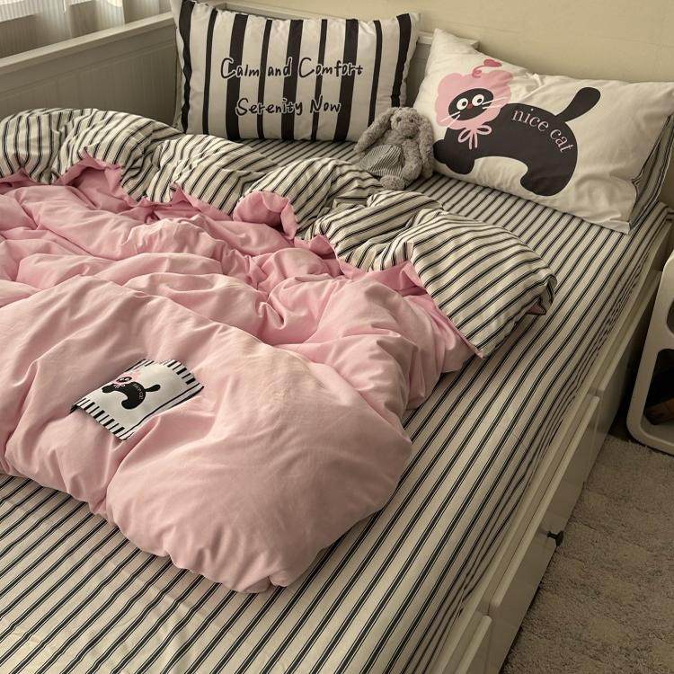 ins多巴胺少女粉色黑猫咪大版水洗四件套床单学生宿舍三件套床笠
