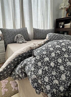 美式复古乡村田园风灰色小碎花水洗棉四件套床单学生三件套床笠2m