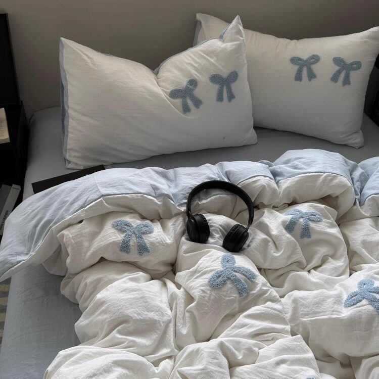ins少女毛巾绣四件套蝴蝶结床笠
