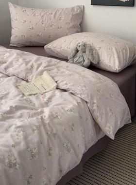 复古法式少女ins紫色小碎花针织水洗棉四件套床单学生三件套床笠