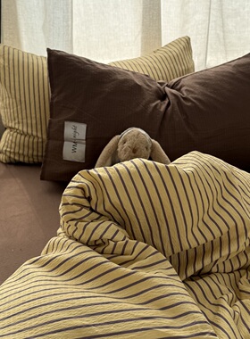 博主风ins纯色中古简约条纹水洗棉四件套床单学生三件套床笠1.8m