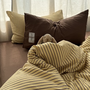 博主风ins纯色中古简约条纹水洗棉四件套床单学生三件套床笠1.8m