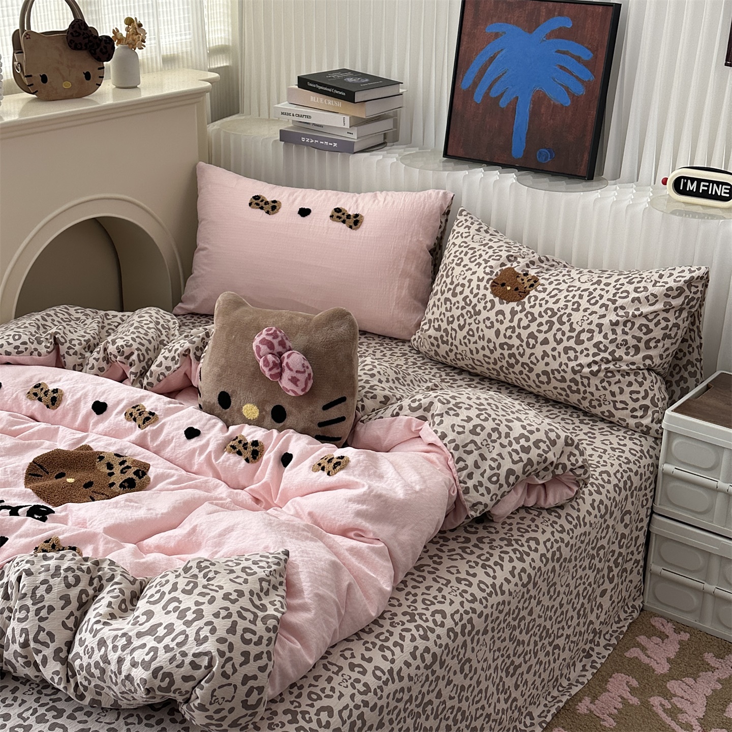 無绵丨粉豹纹猫咪水洗棉四件套