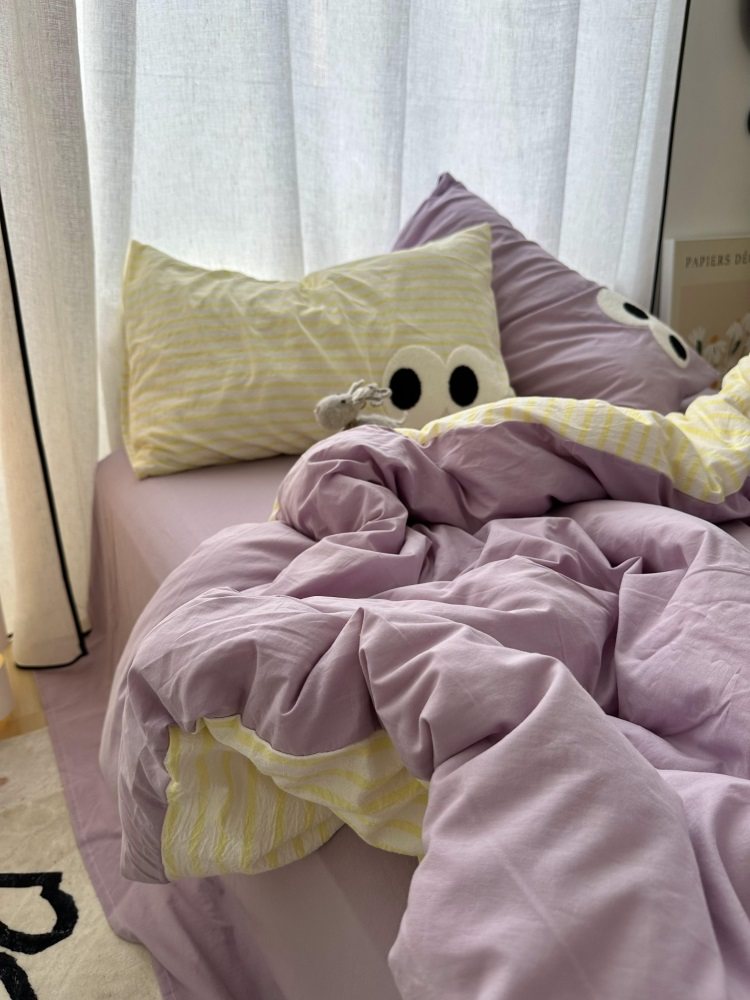 时髦多巴胺香芋紫拼黄条纹眼睛毛巾绣水洗棉四件套床单学生三件套