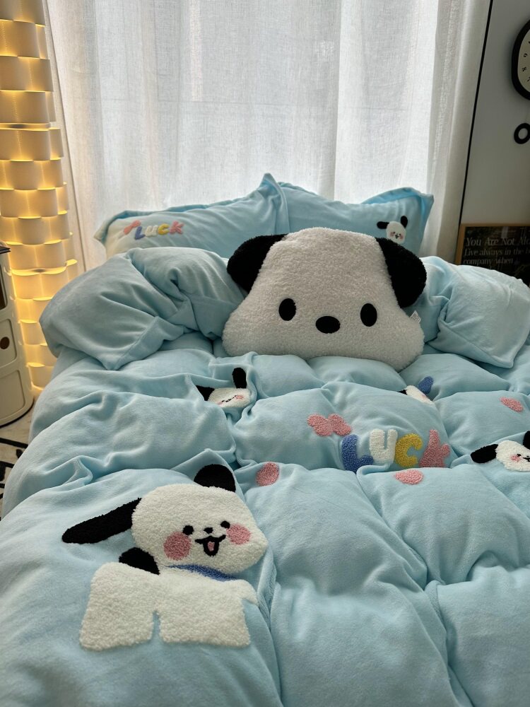 可爱少女呆萌小帕狗狗毛巾绣牛奶绒四件套床单珊瑚绒三件套床笠款