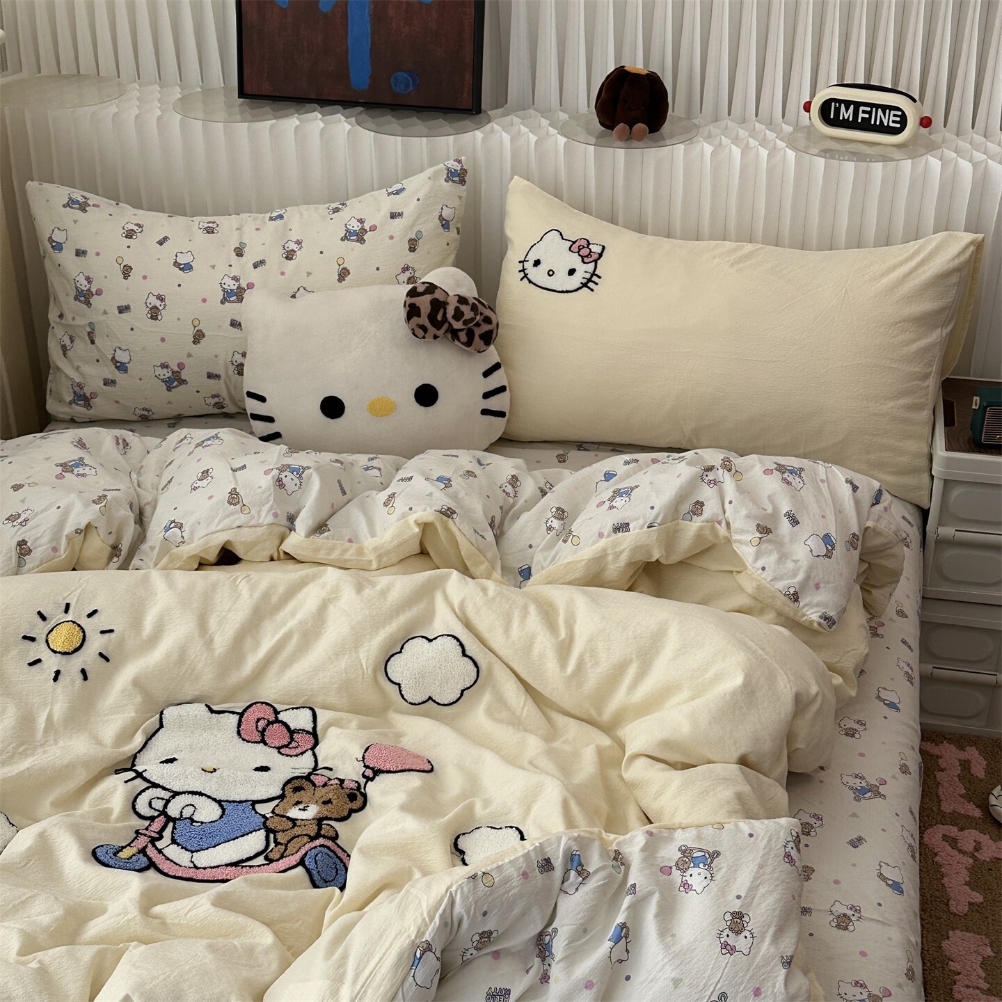 少女可爱风ins卡通滑板KT猫毛巾绣水洗棉四件套床单学生三件套1.8