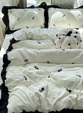 法式少女ins黑色玫瑰花刺绣水洗棉四件套床单纯色被套三件套床笠