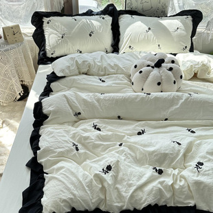 法式少女ins黑色玫瑰花刺绣水洗棉四件套床单纯色被套三件套床笠
