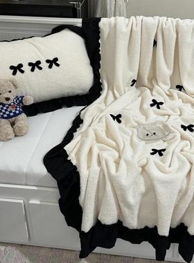法式赫本少女黑色蝴蝶结毛巾绣泰迪绒休闲毛毯办公多功能盖毯1.5m