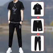 套装 t恤男士 圆领宽松休闲运动潮牌百搭帅气i 短袖 全棉纯棉2024夏季