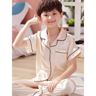 全棉纯棉青少年睡衣男童冰丝绸夏季短袖长裤2026新款男孩中大儿童