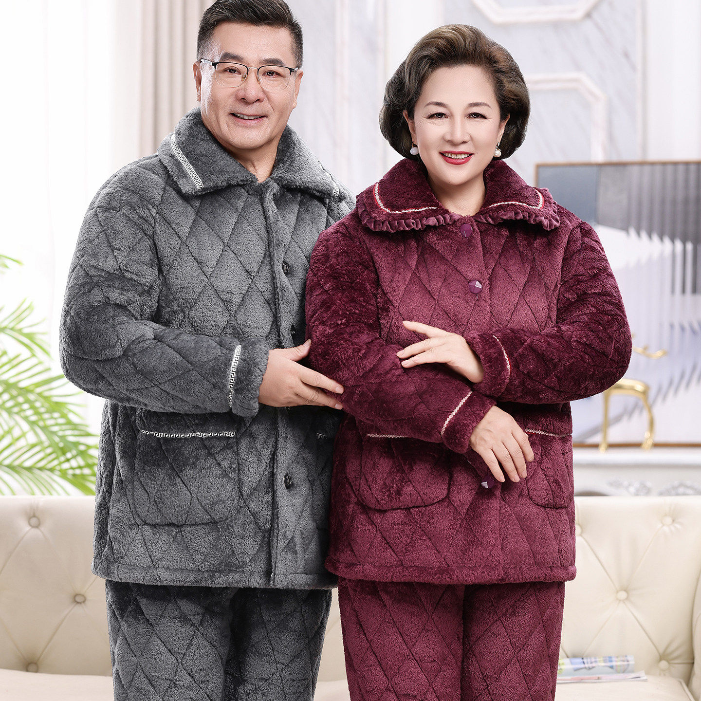 全棉纯棉睡衣男女款珊瑚绒冬加厚中老年三层夹棉加绒保暖家居服20