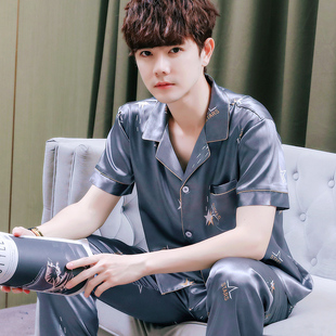 长裤 冰丝短袖 中青年休闲开衫 丝绸薄款 家 全棉纯棉男士 男式 睡衣夏季