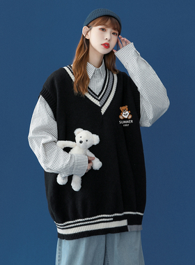 中性风休闲宽松百搭马甲毛衣拼色男女针织衫M613P45控58