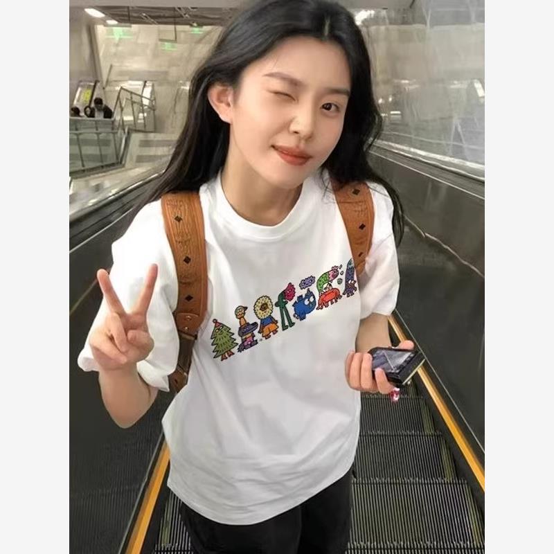 短袖t恤女2025新款小个子纯棉白色正肩显瘦美式半袖宽松重磅上衣