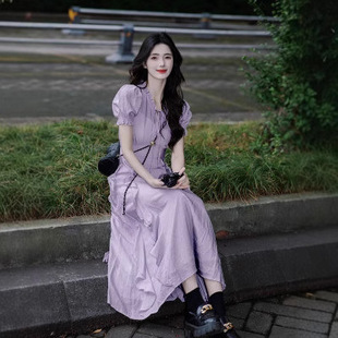 法式桔梗泡泡袖紫色连衣裙女2025夏季新款荷叶边气质显瘦绝美长裙