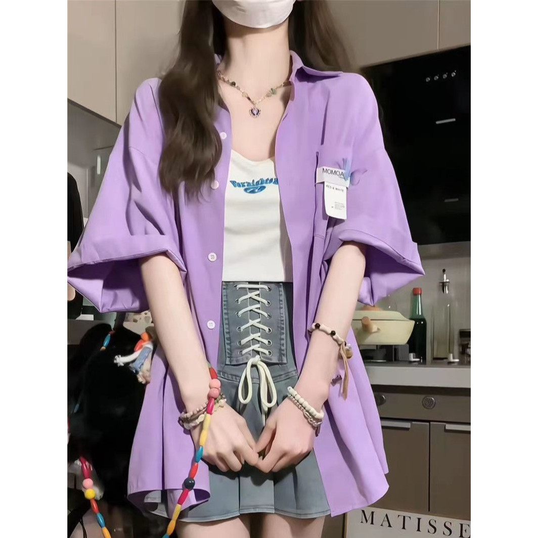 官图美式复古宽松短袖衬衫女设计感小众港味衬衣宽松学生显瘦上衣