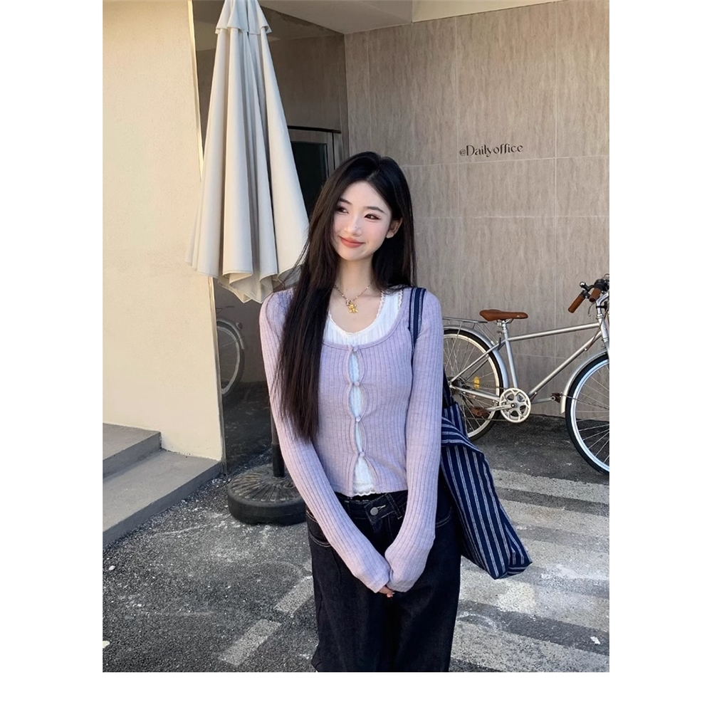 2025年春季新款蕾丝花边假两件针织衫女装修身打底衫长袖上衣