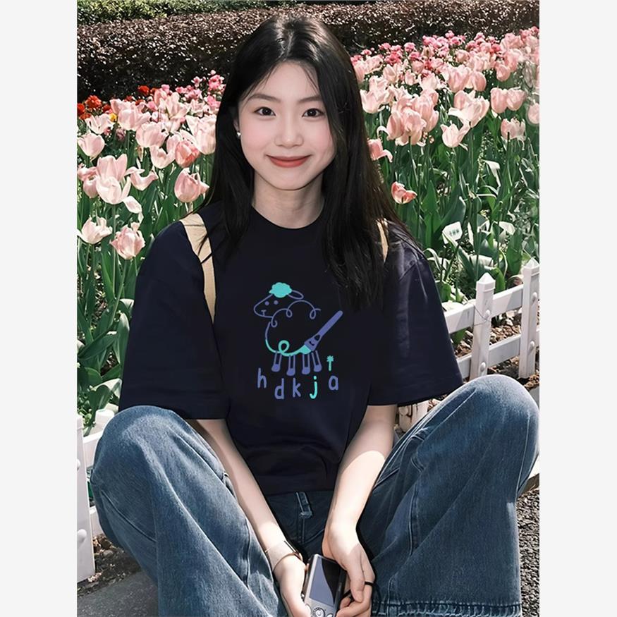 纯棉正肩短袖t恤女2025新款夏季黑色休闲宽松卡通印花设计感上衣