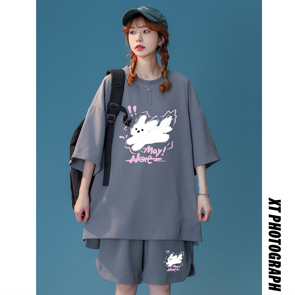 中性风新款夏季卡通印花宽松短袖潮流百搭短裤套装TZ6915P65控88